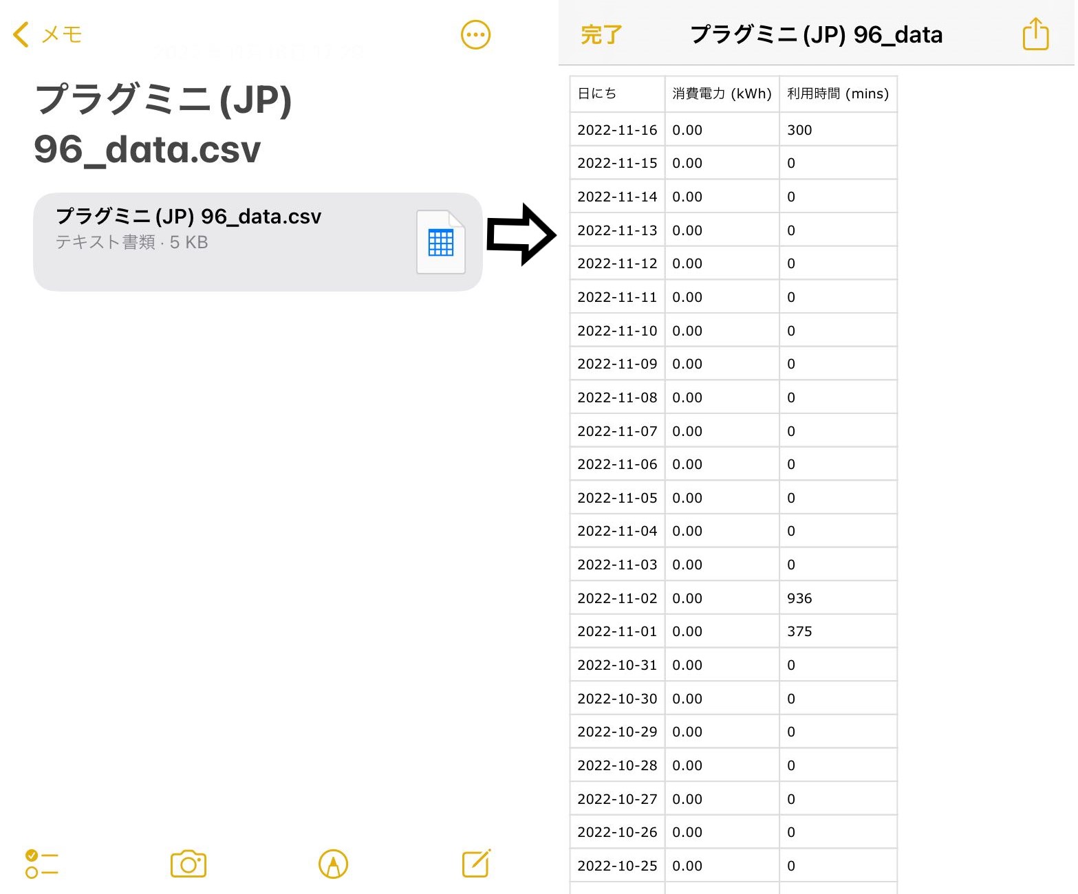 データは自動にcsvの形でエクスポートされ