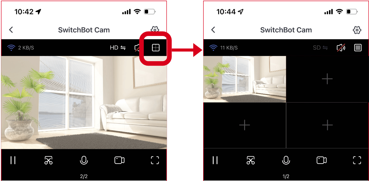 同じ画面の中で複数のSwitchBot見守りカメラ3MPが撮影した映像を確認